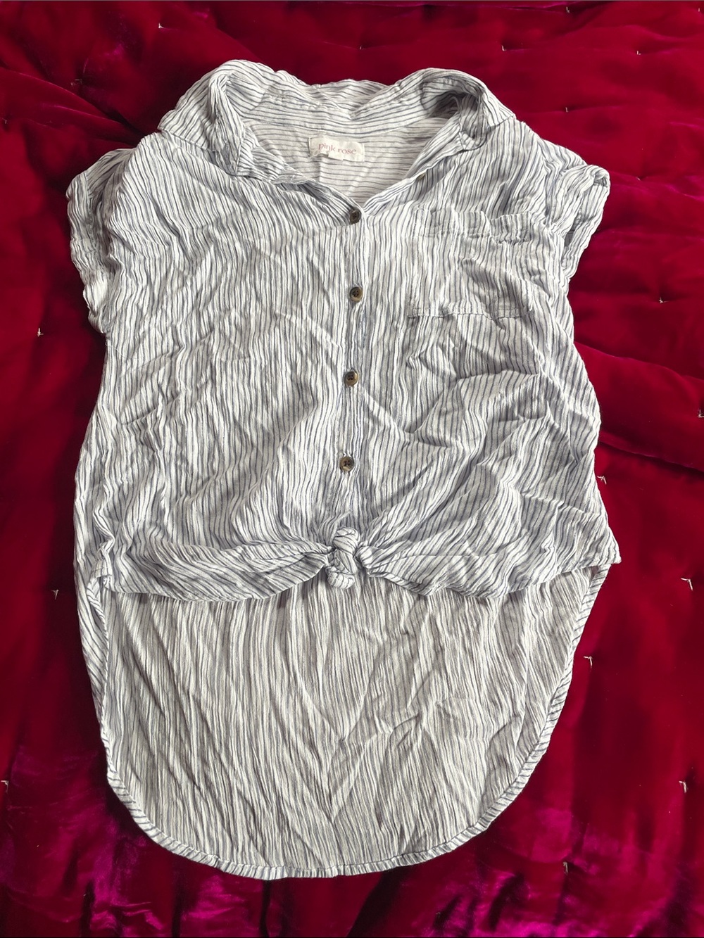 Pink Rose Striped Button-Front Tie-Hem Top - White & Blue